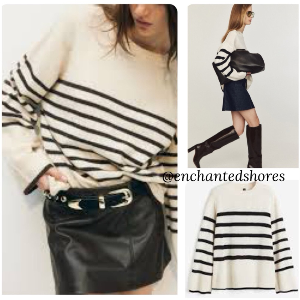 Striped Knit Sweater Luxury Minimalist Off White Ivory Black Stripes Size Medium